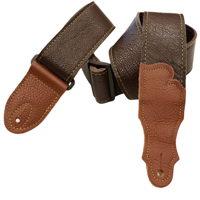 Correa de guitarra Franklin Strap Deluxe de 2 pulgadas de piel de búfalo de calibre 60, color chocolate con extremos de caramelo y costuras naturales