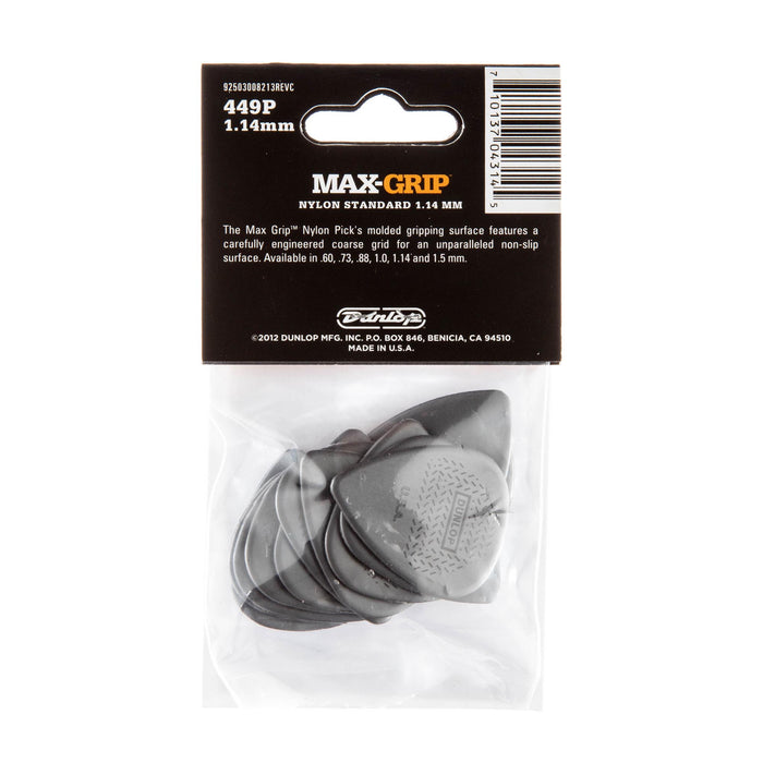 Púas Dunlop 1.14 de nailon gris Max Grip Standard, paquete de 12
