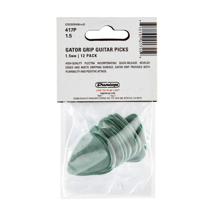 Púas Dunlop 1.50 Green Gator Grip Standard, paquete de 12