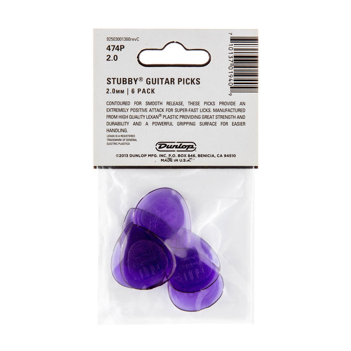 Púas Dunlop 2.0 Purple Stubby Jazz, paquete de 6
