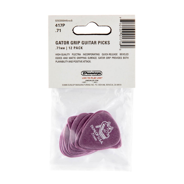 Púas Dunlop .71 Purple Gator Grip Standard, paquete de 12
